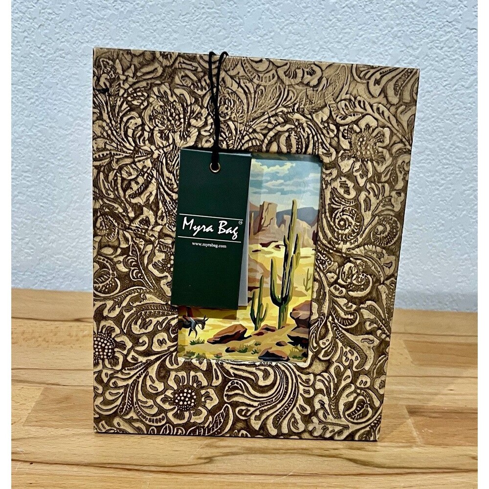 Myra Bag Leather Western Floral Photo Frame Brown/Beige Freestanding 4x6 photo
